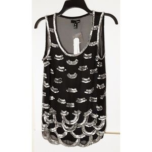 Aqua Beaded Tank Black/ Silver Sequin Sz S NWT